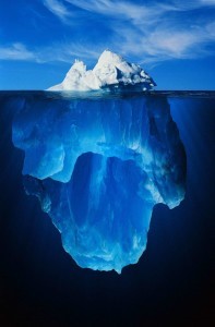 A large iceberg floating in the ocean under and above water.